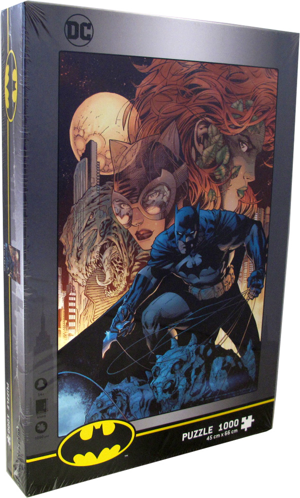 1000 Teile Puzzle - DC Batman auf Statue mit Charaktersilhouetten
